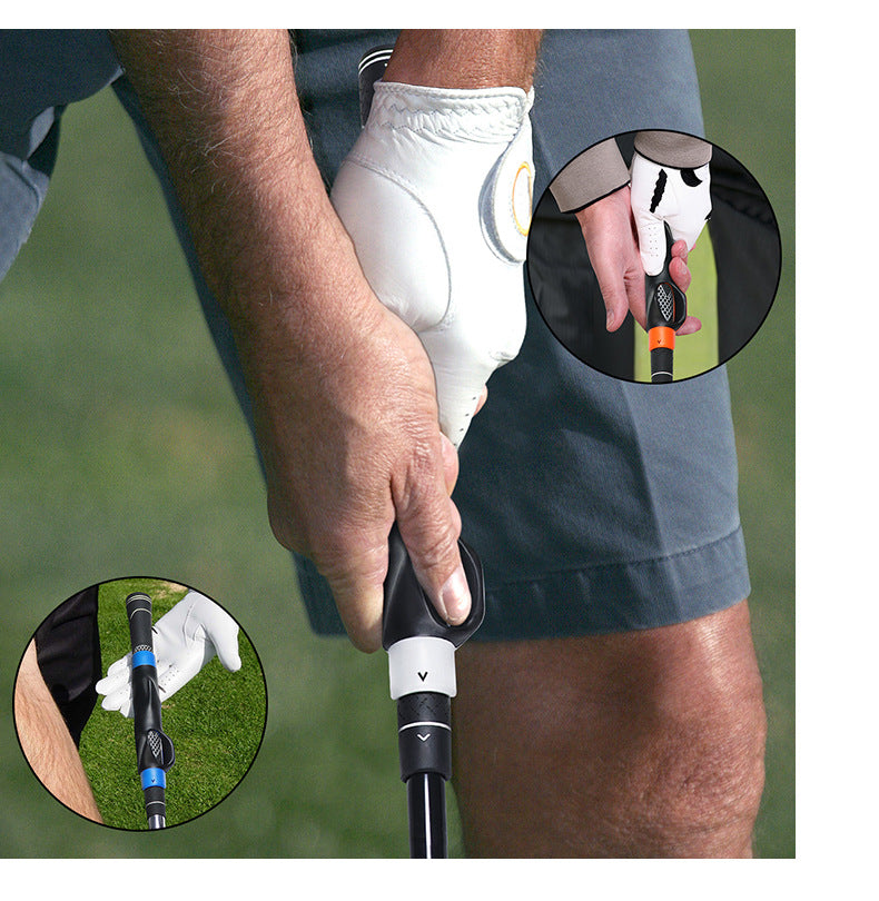 A hand holds a portable golf swing grip trainer, demonstrating its use for practice.