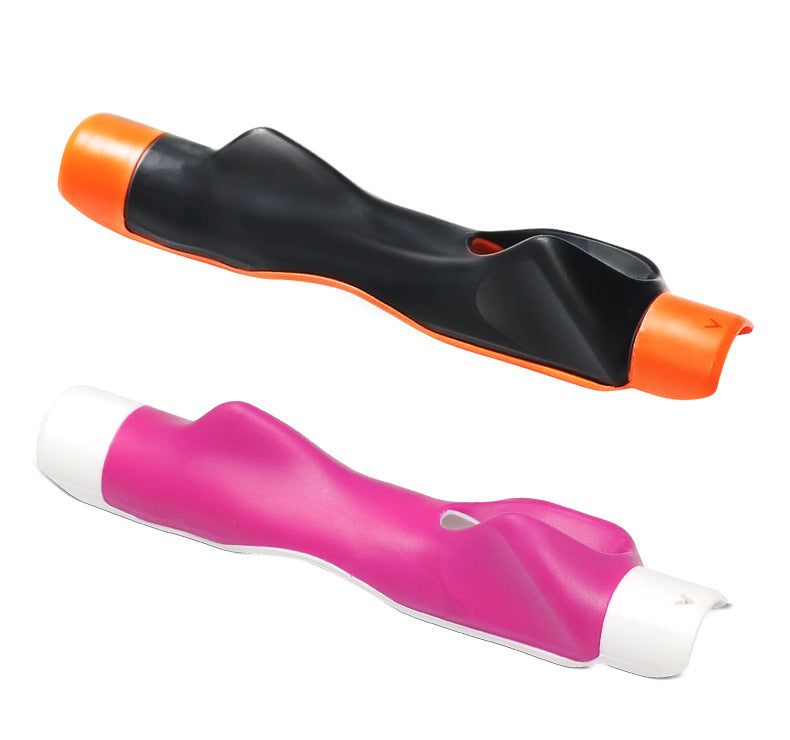 A portable golf swing grip trainer shown in black and orange, and a pink and white version.