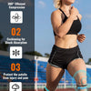 A woman wearing black athletic wear is shown demonstrating silicone knee straps for joint support.