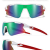 A pair of white, red, and green tinted sports sunglasses shown in multiple angles.