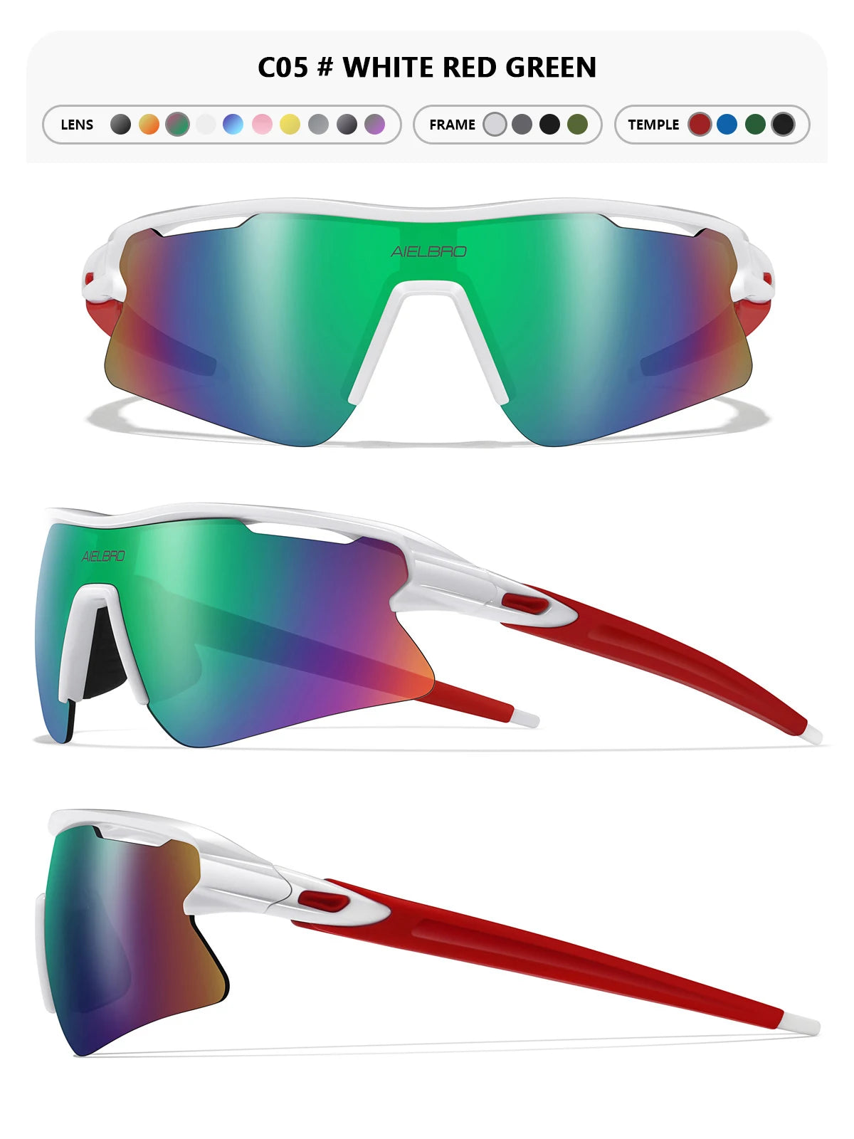 A pair of white, red, and green tinted sports sunglasses shown in multiple angles.