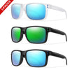 Three pairs of polarized UV400 sunglasses shown in white, green, and blue colors.