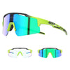 A pair of lime green photochromic cycling sunglasses with polarized lenses shown in various angles.