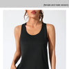 A woman models a black breathable sports tank top with light gray athletic pants.