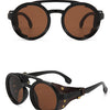 Brown tinted retro steampunk sunglasses with black frames and brown leather accents
