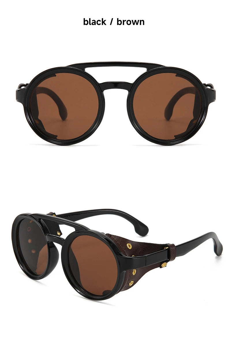 Brown tinted retro steampunk sunglasses with black frames and brown leather accents