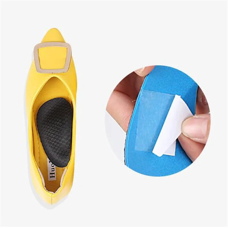 Yellow orthopedic EVA arch support insole for shoes shown next to a blue foam insert.
