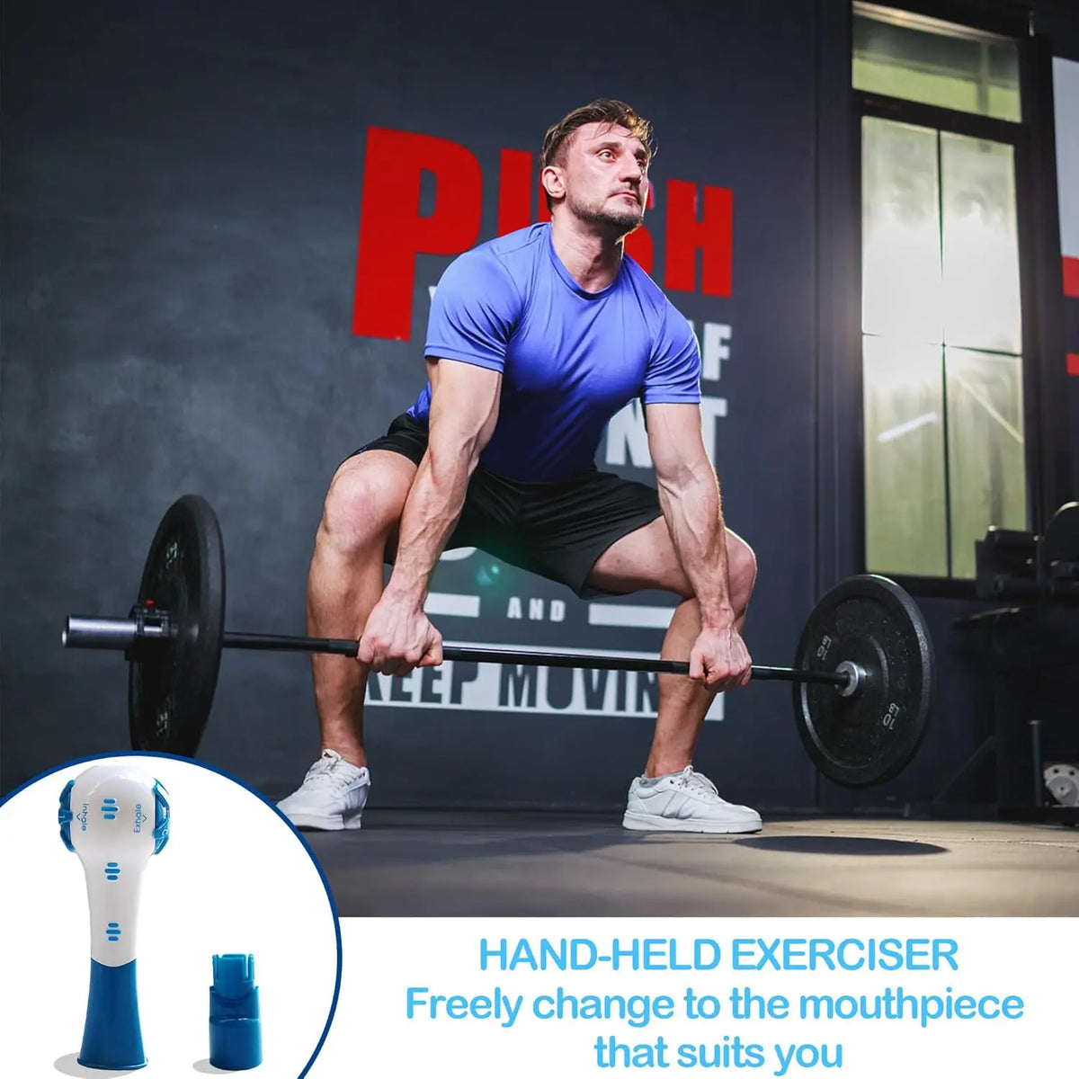 A man lifting a barbell in a gym setting with an adjustable handheld exerciser shown below.