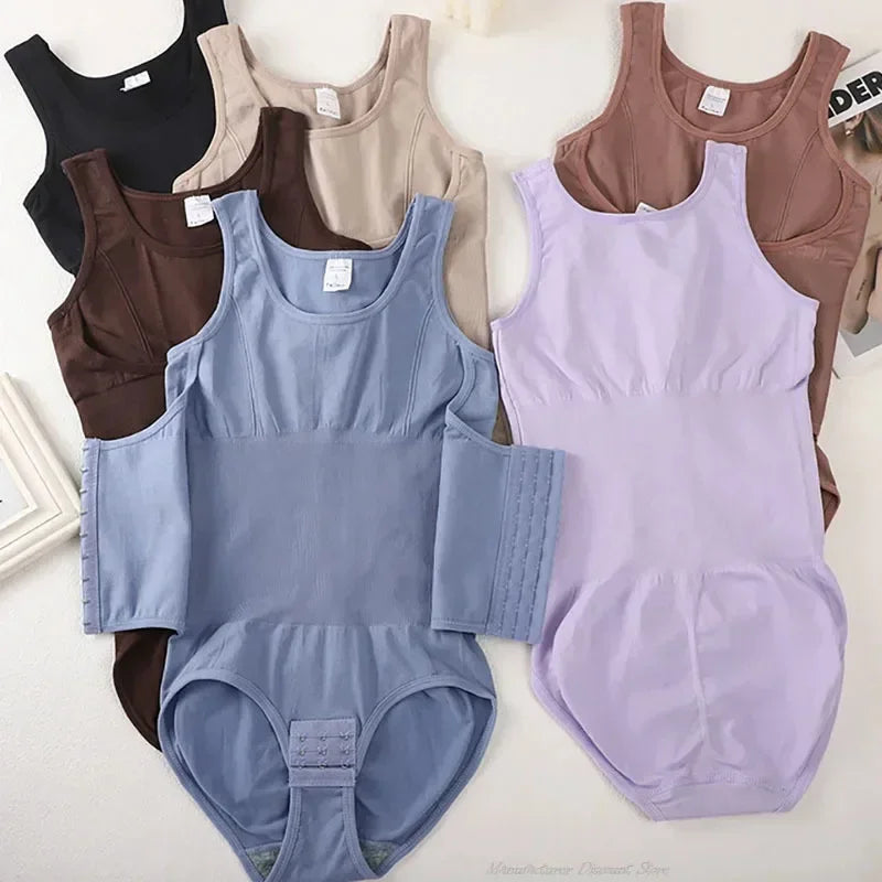 A collection of women's zippered shapewear bodysuits in various neutral and pastel colors.