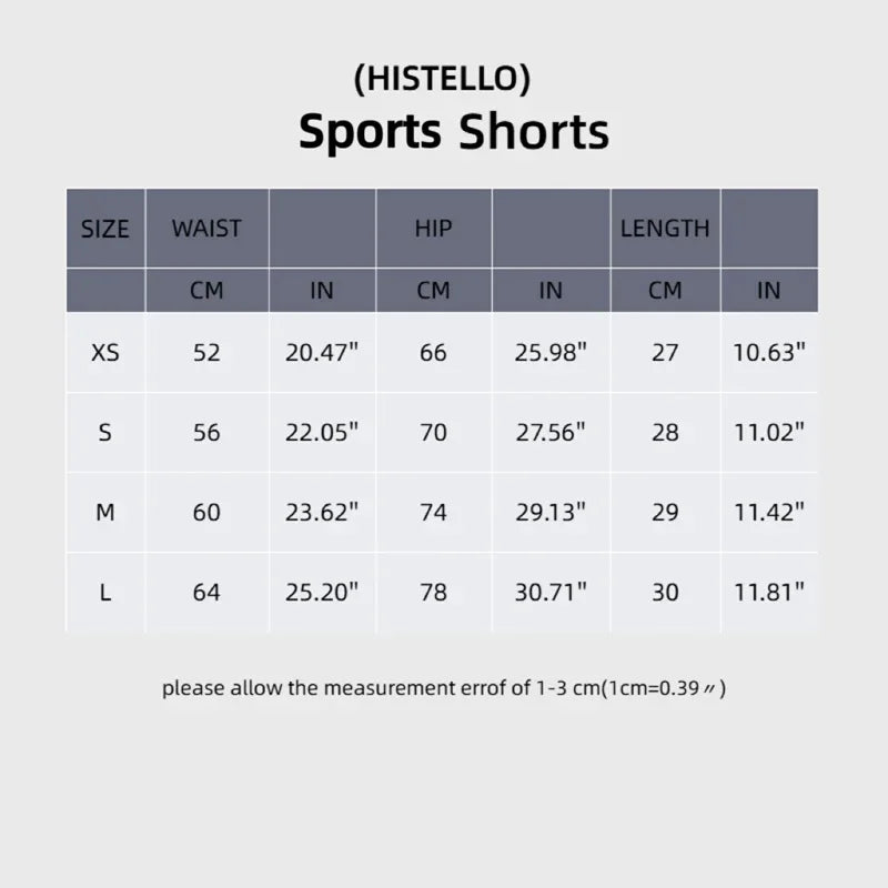 Size chart for Histello Sports Shorts showing measurements in centimeters and inches for various sizes.