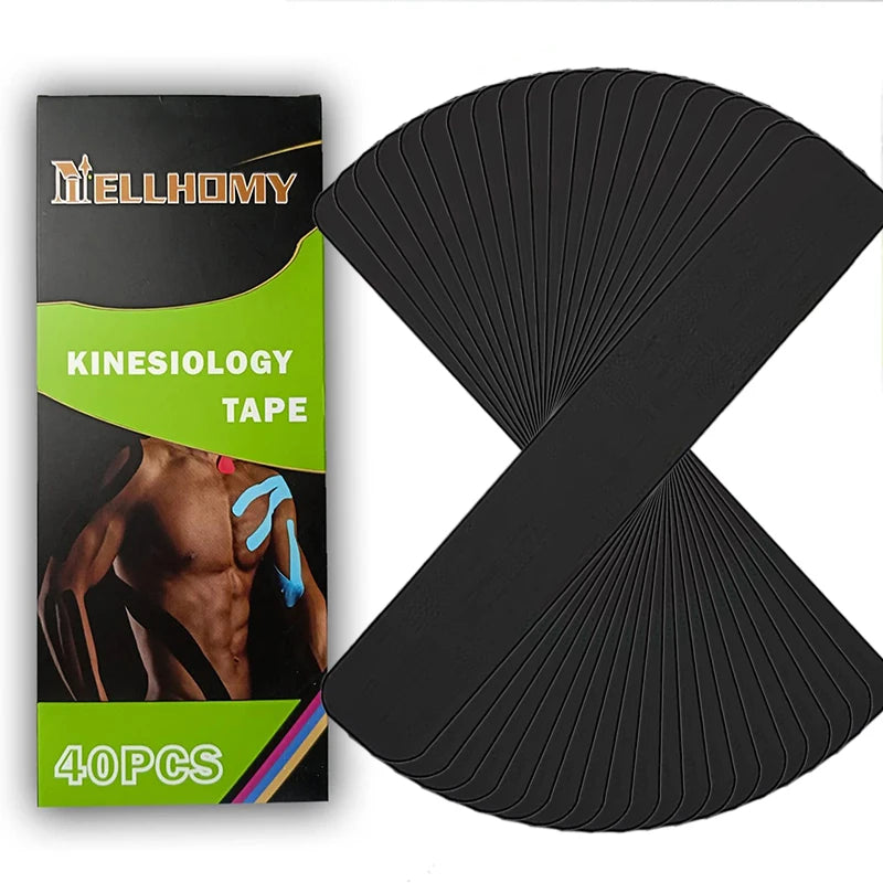 Paquete de 40 piezas de cinta kinesiológica multicolor para soporte articular, junto a una exhibición tipo abanico de la cint