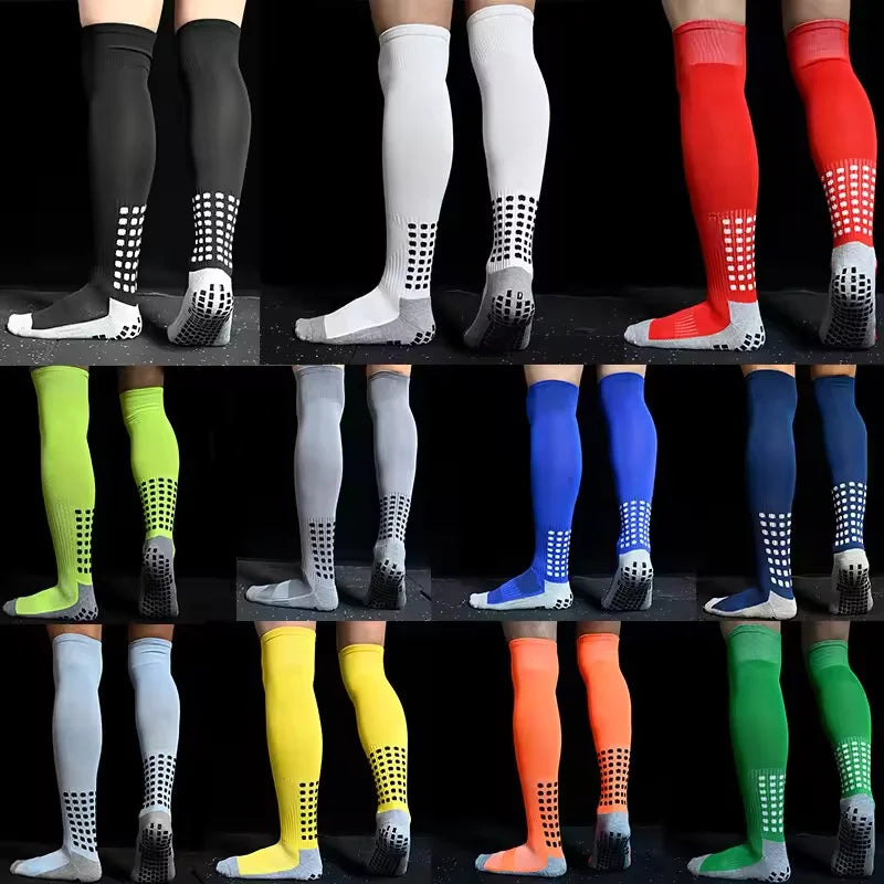 A collection of long football training socks for men in various colors and patterns.