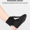 A black adjustable ankle brace is shown on a person's foot and ankle.