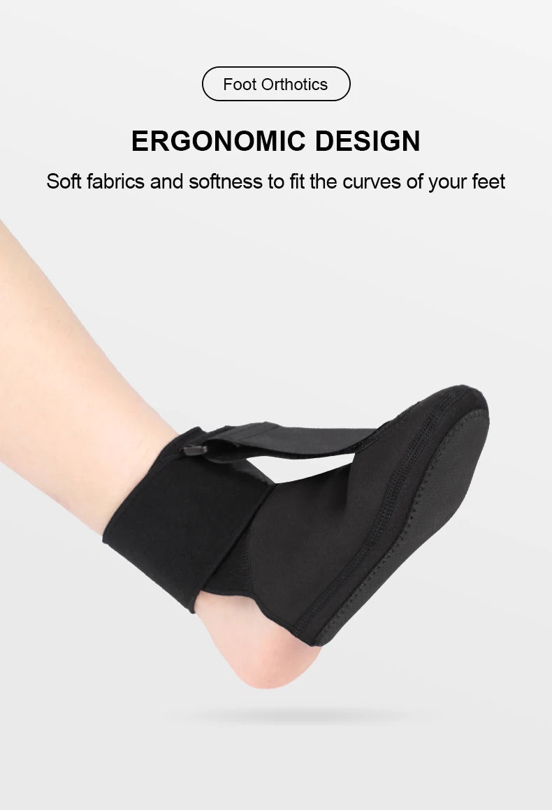 A black adjustable ankle brace is shown on a person's foot and ankle.