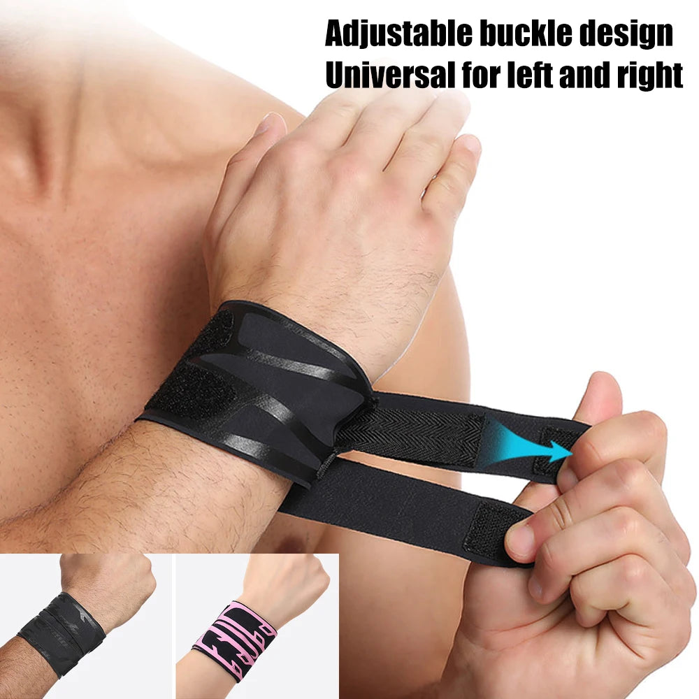 Adjustable black wrist support brace shown on a hand, demonstrating its universal fit for left and right wrists.