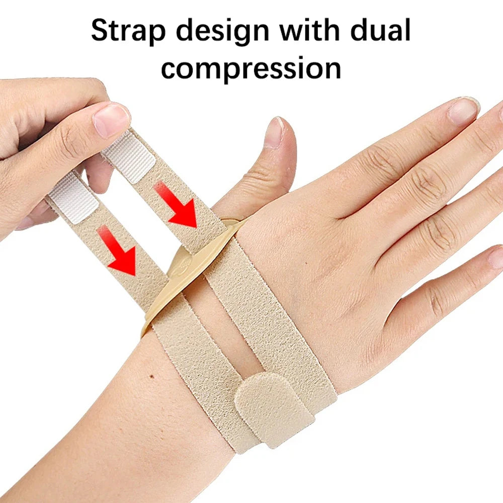 Handgelenk-Design mit doppelter Kompression, die rote Pfeile auf Druckpunkte am Handgelenk zeigen.