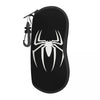 Black pouch with a white spider web design and a strap for storing eyeglasses.