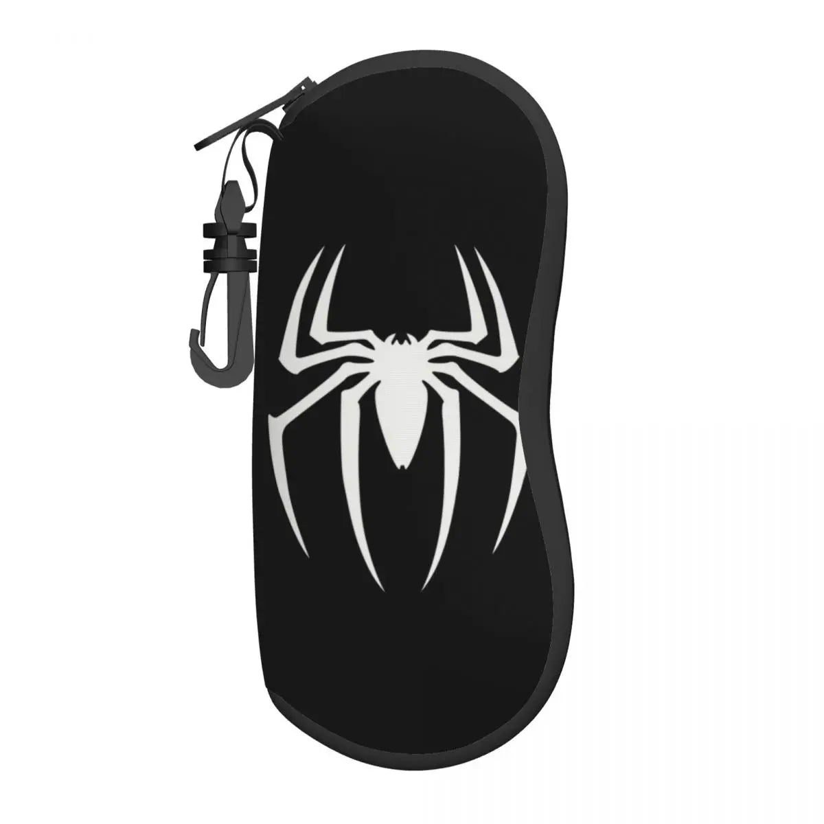 Black pouch with a white spider web design and a strap for storing eyeglasses.