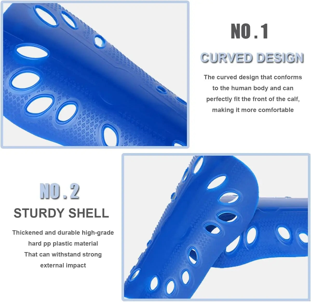 Blue adjustable soccer shin guards featuring a curved design and a sturdy shell for protection