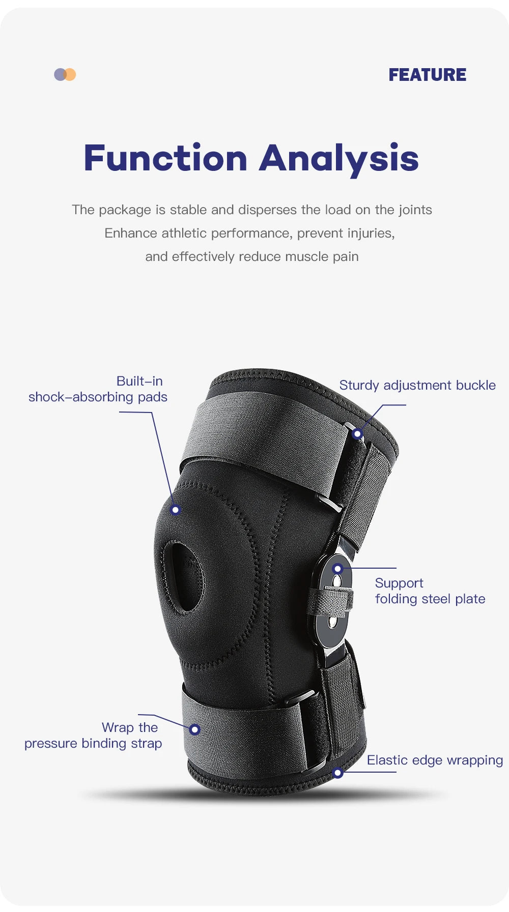 A black knee pad with various features like shock-absorbing pads, a folding steel plate, and elastic edge wrapping.
