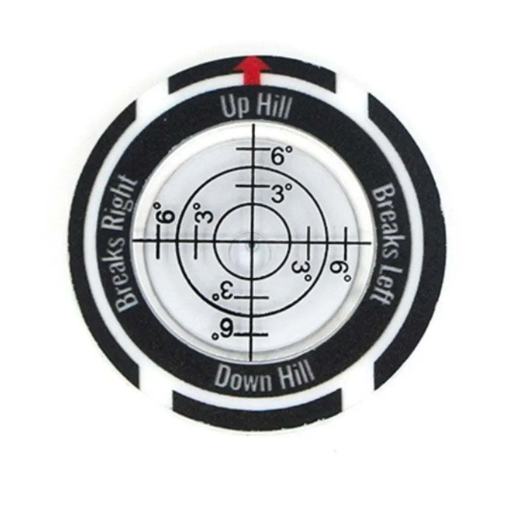 A precision golf ball marker and slope meter with a circular scale showing up and down hill angles.