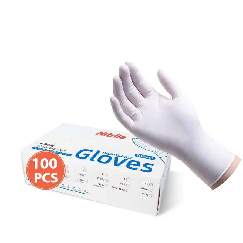 Un gant de nettoyage en nitrile blanc est montré à côté d'une boîte de 100 gants jetables.