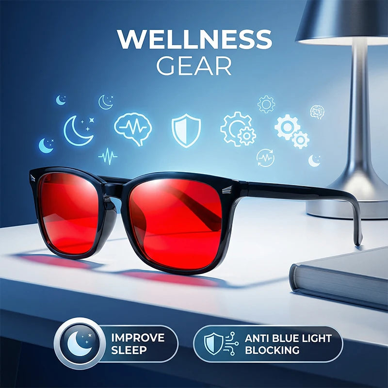 A pair of red anti-blue light glasses resting on a white surface with various wellness icons in the background.