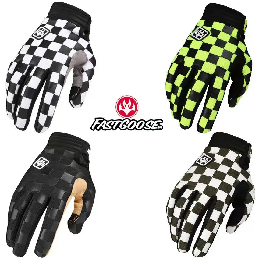A set of black and neon yellow checkered full-finger motocross and off-road cycling gloves.
