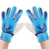 Pair of blue and white non-slip soccer goalie gloves with double wrist protection shown on a person's hand.