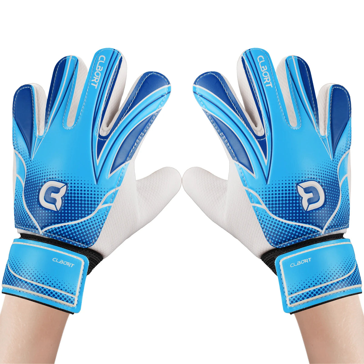 Pair of blue and white non-slip soccer goalie gloves with double wrist protection shown on a person's hand.