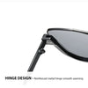 Black sunglasses showing a reinforced metal hinge design for smooth opening.