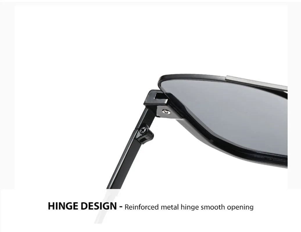 Black sunglasses showing a reinforced metal hinge design for smooth opening.