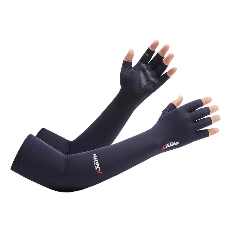 A dark blue UV protection arm sleeve worn on a hand and forearm.