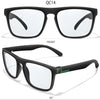 Front view of QC14 photochromic square sunglasses with a polarized lens and case, shown at a 45-degree angle.