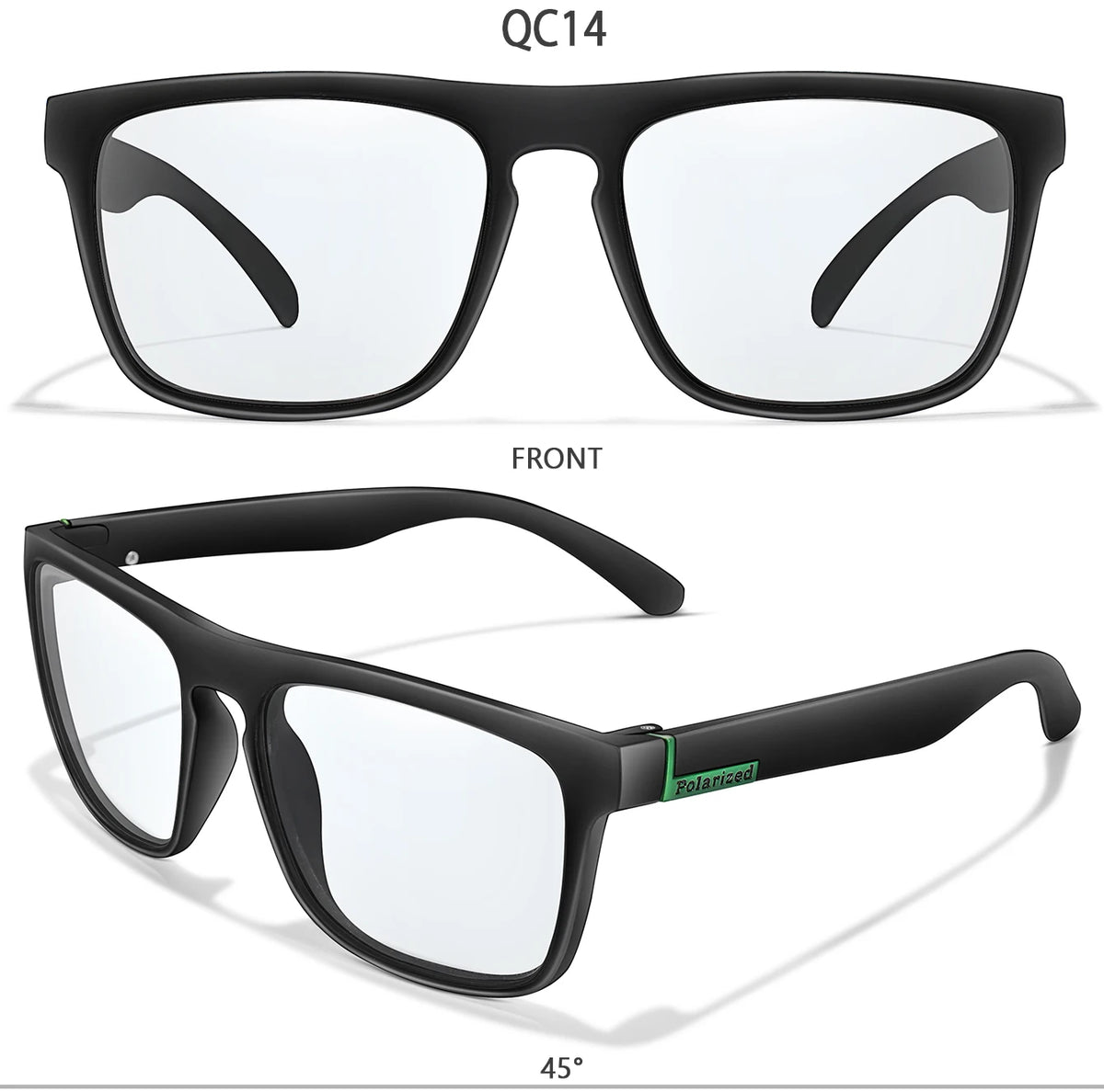 Front view of QC14 photochromic square sunglasses with a polarized lens and case, shown at a 45-degree angle.