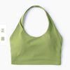 A solid olive green halter neck sports bra top shown flat lay.