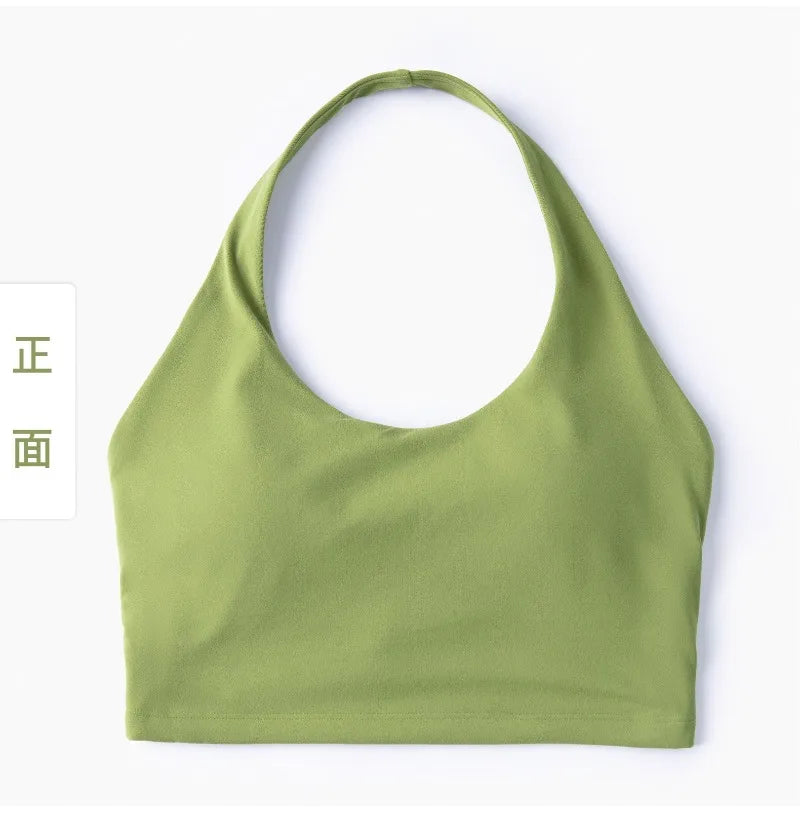 A solid olive green halter neck sports bra top shown flat lay.