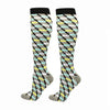 A pair of compression elastic socks featuring a geometric pattern in shades of gray, black, light blue, and yellow.