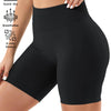 Black high-waisted knit fitness shorts shown on a model, highlighting quick-dry and 4-way stretch features.