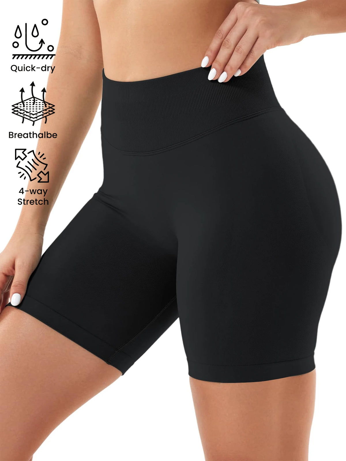 Black high-waisted knit fitness shorts shown on a model, highlighting quick-dry and 4-way stretch features.