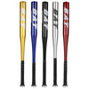 A set of four durable aluminum baseball bats in gold, blue, black, and red finishes.