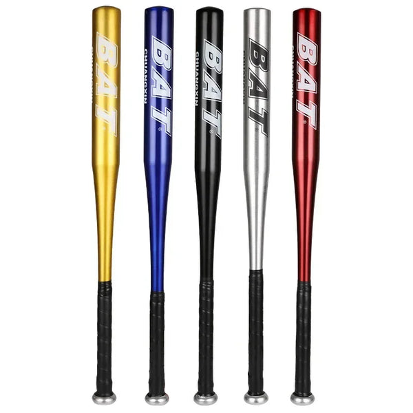 A set of four durable aluminum baseball bats in gold, blue, black, and red finishes.