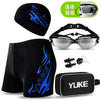 Black men's swim suit set including a cap, goggles, and ear plugs