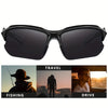 Black polarized sport sunglasses shown in various outdoor activity contexts like fishing, travel, and driving.