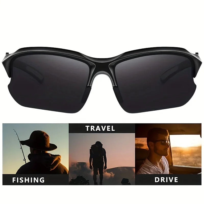 Black polarized sport sunglasses shown in various outdoor activity contexts like fishing, travel, and driving.