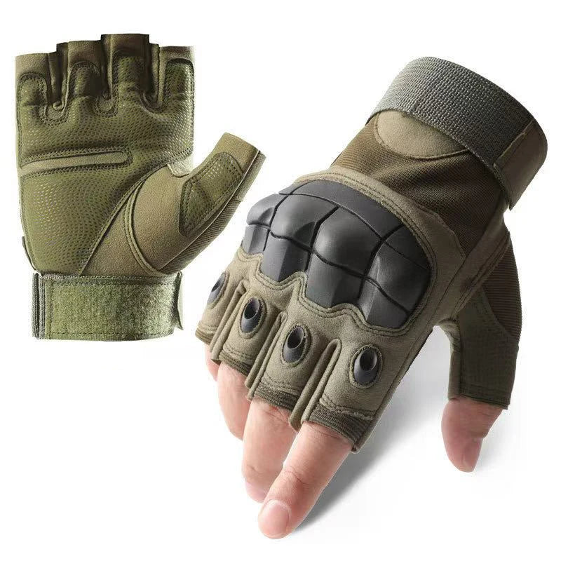 A pair of olive green tactical sports gloves shown with the palm facing up.