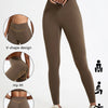 A model wearing olive brown high-waist yoga leggings demonstrating the V-shape design and hip lift features.
