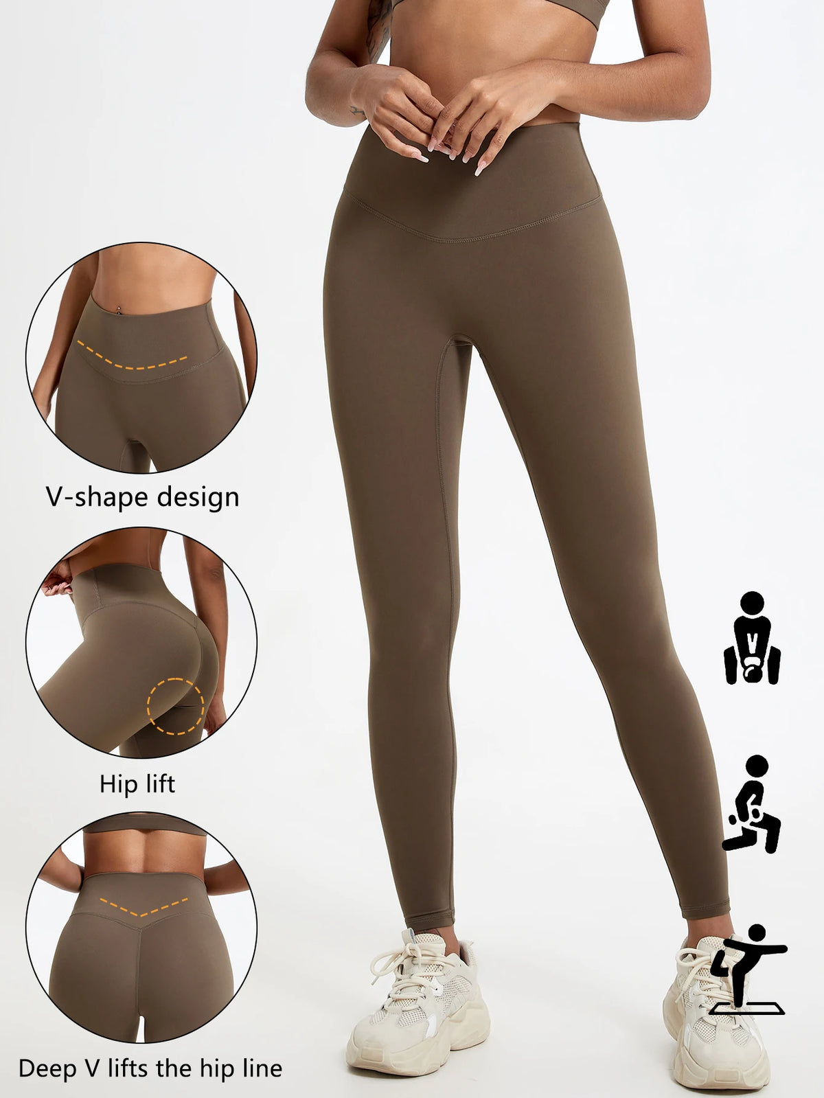 A model wearing olive brown high-waist yoga leggings demonstrating the V-shape design and hip lift features.