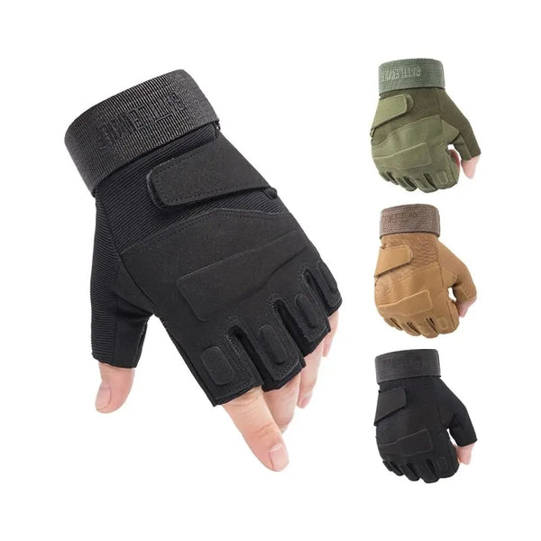 A set of tactical fingerless combat gloves in black, olive green, and brown colors shown individually.
