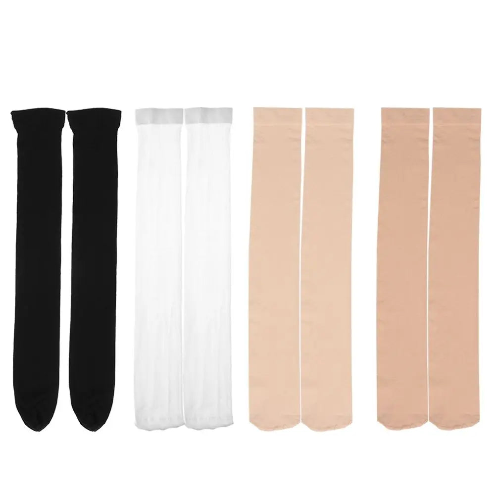 A set of five opaque thigh high elastic socks in black and beige colors.